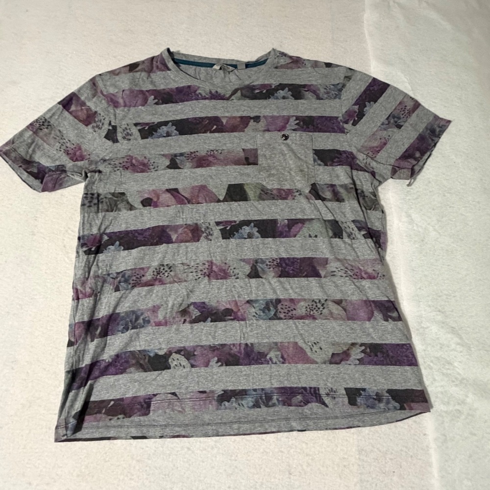 Ted Baker London Mens Size 5 XL Grey Purple Floral Striped Pocket T-Shirt Cotton
